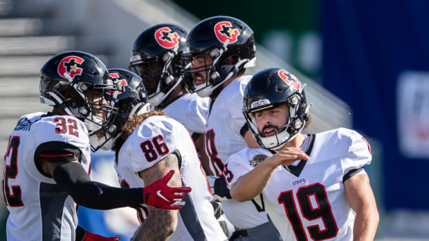 May 8, 2022; Birmingham, AL, USA; Houston Gamblers kicker Nick Vogel (19) celebrates after a field goal against the New Orleans Breakers during the second half at Protective Stadium. Mandatory Credit: Vasha Hunt-USA TODAY Sports  